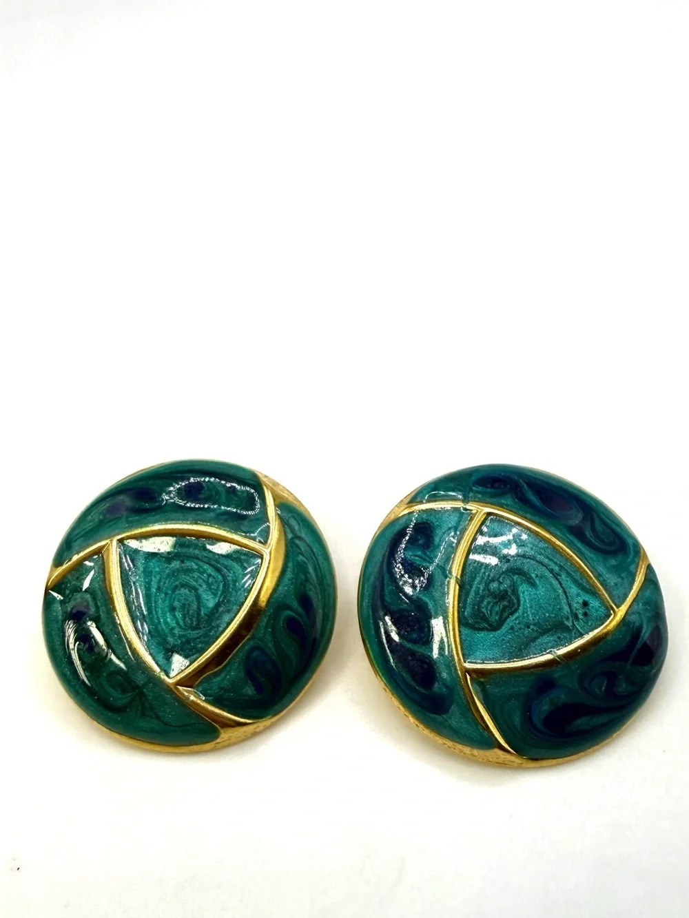 Vintage Gold Tone Faux Malachite Green Enamel Round Stud Earrings